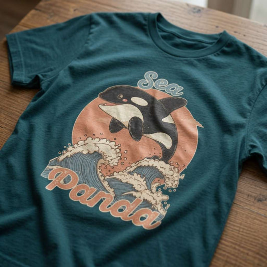 Green Sea Panda t-shirt laid flat on a wooden surface showing the full orca and wave graphic, funny ladies witty orca pun graphic design that every no-nonsense lady will claim