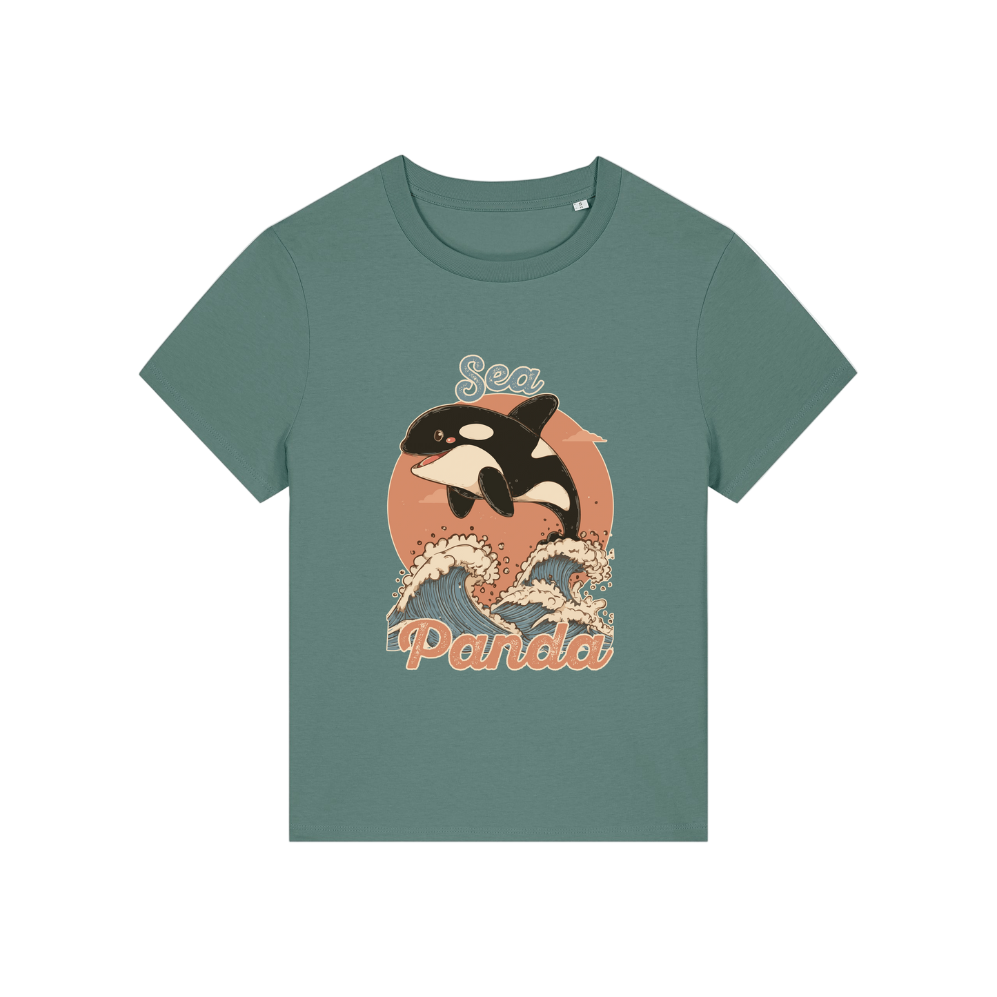 green funny animal t-shirt with the graphic of an orca and the slogan 'sea panda'