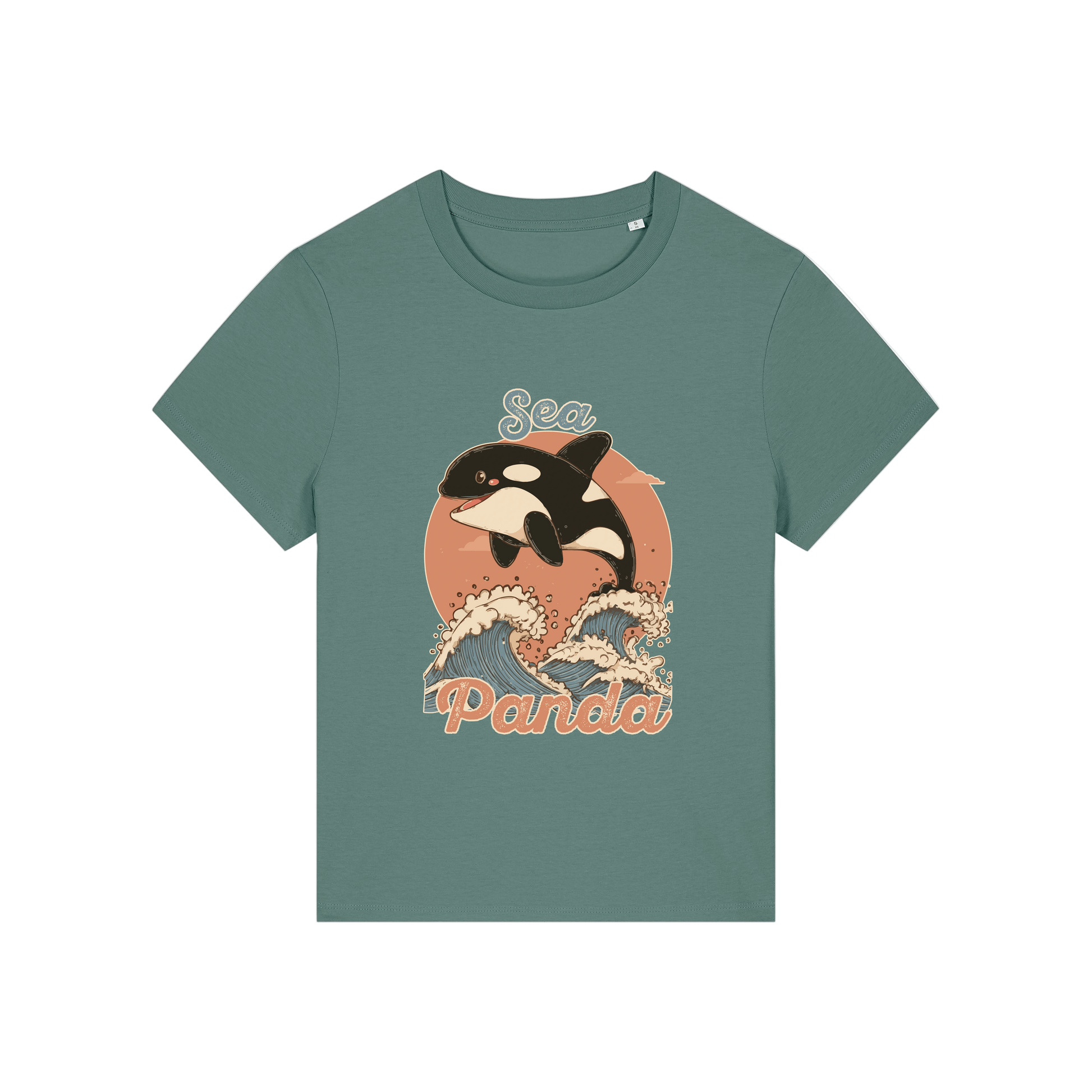 green funny animal t-shirt with the graphic of an orca and the slogan 'sea panda'