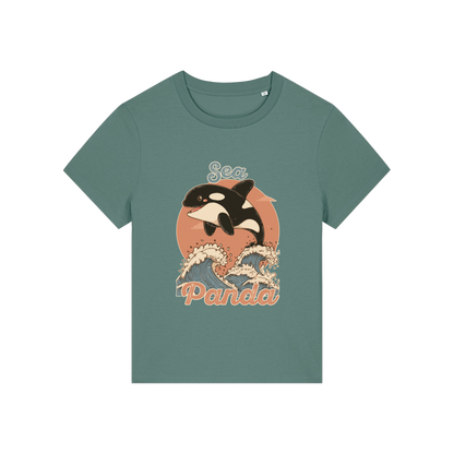 green funny animal t-shirt with the graphic of an orca and the slogan 'sea panda'