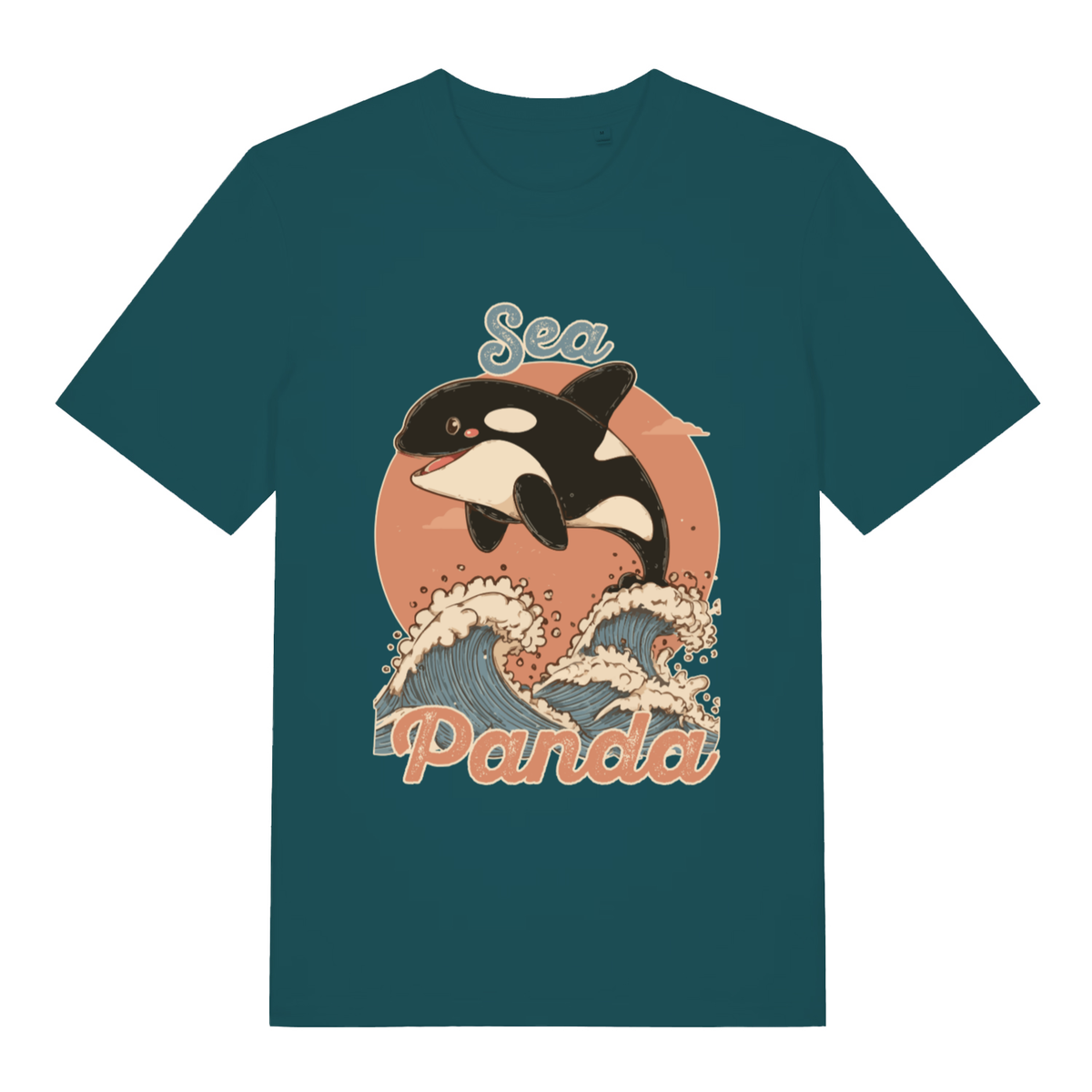 Teal Sea Panda funny graphic t-shirt with bold orca and wave artwork  