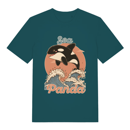 Teal Sea Panda funny graphic t-shirt with bold orca and wave artwork  