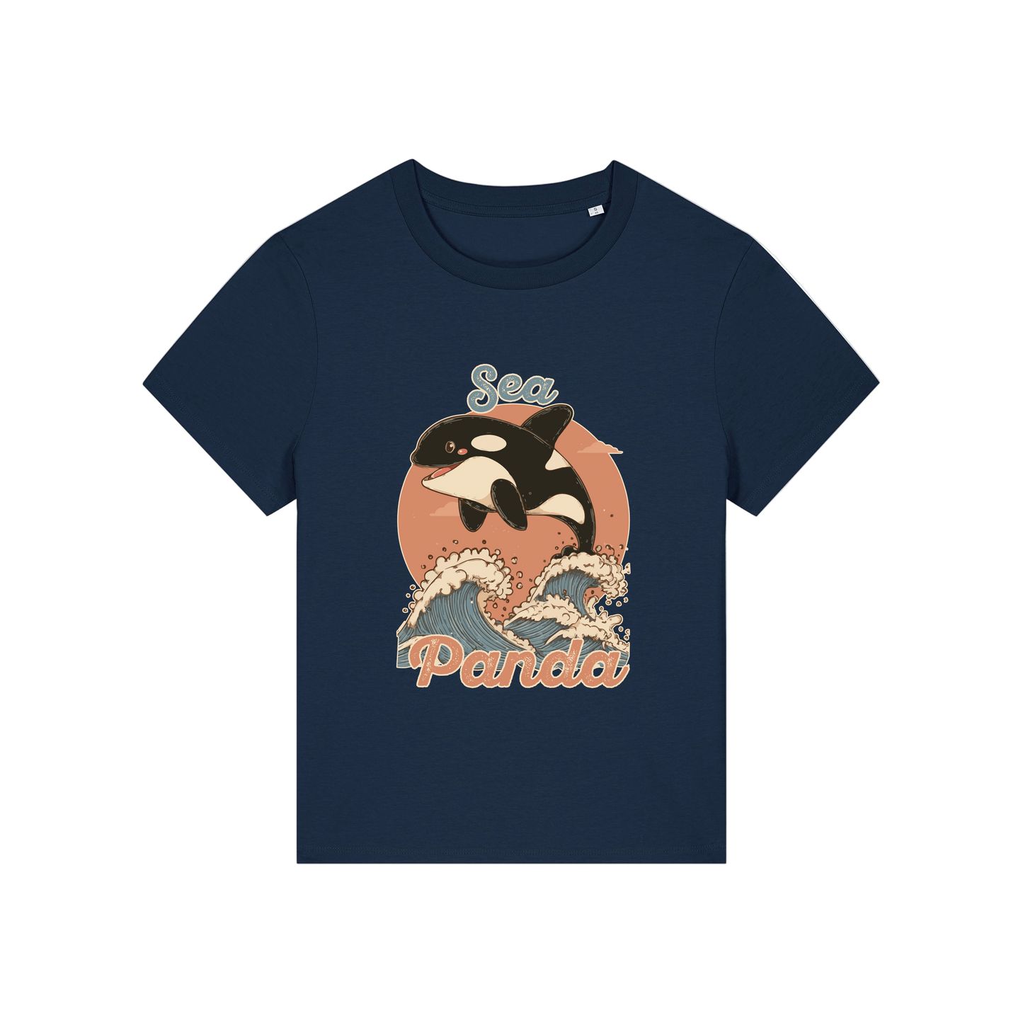 navy funny animal t-shirt with the graphic of an orca and the slogan 'sea panda'