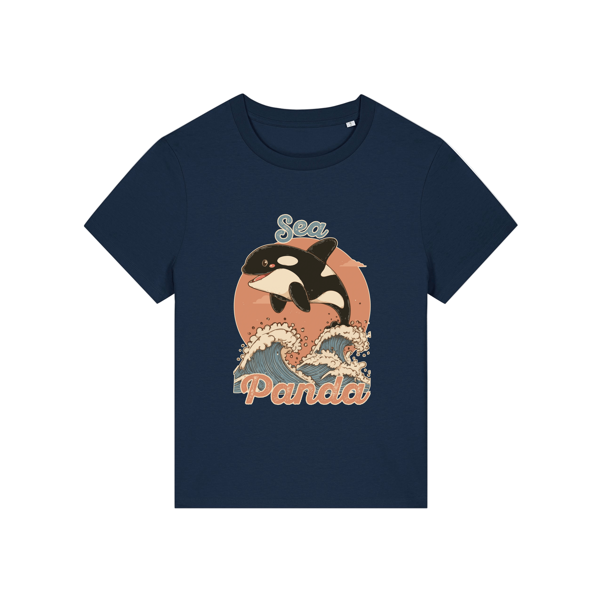 navy funny animal t-shirt with the graphic of an orca and the slogan 'sea panda'