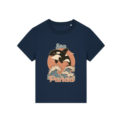 navy funny animal t-shirt with the graphic of an orca and the slogan 'sea panda'
