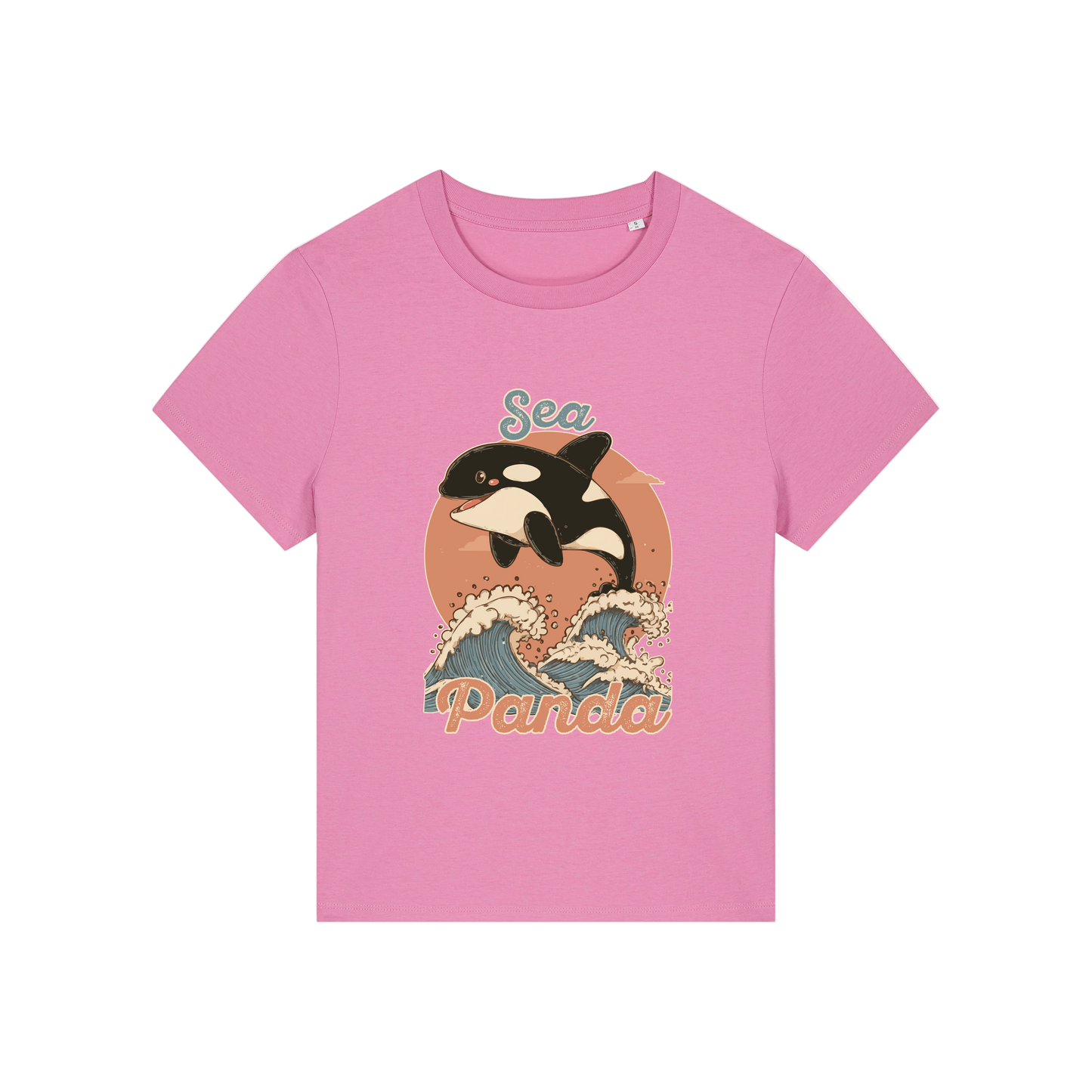 pink funny animal t-shirt with the graphic of an orca and the slogan 'sea panda'