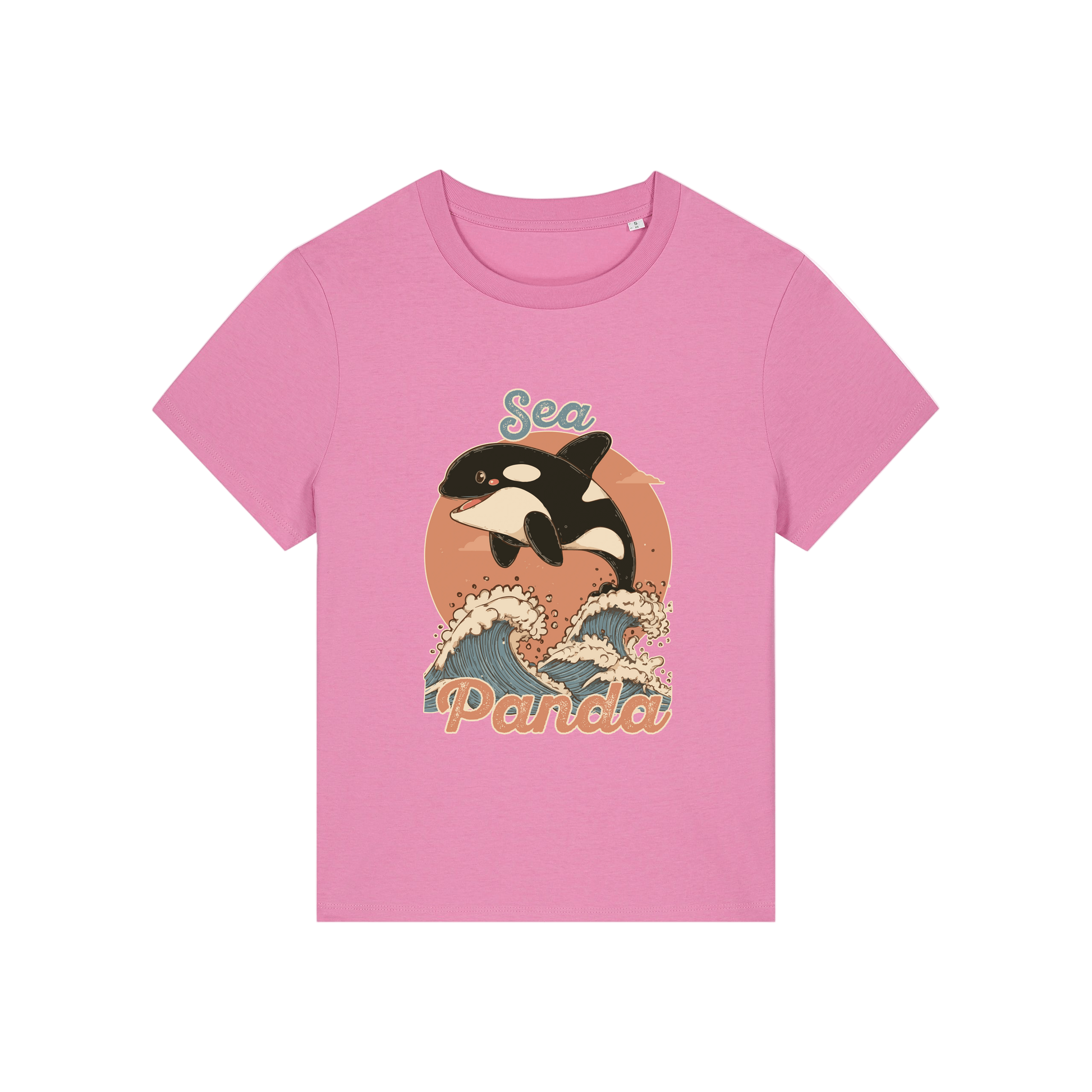 pink funny animal t-shirt with the graphic of an orca and the slogan 'sea panda'