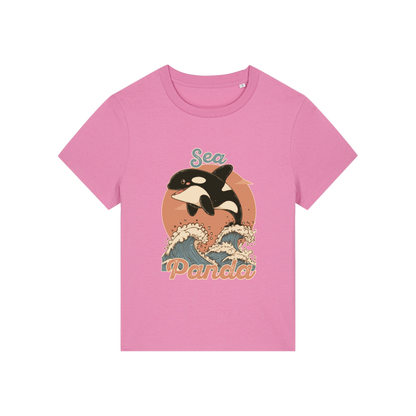 pink funny animal t-shirt with the graphic of an orca and the slogan 'sea panda'