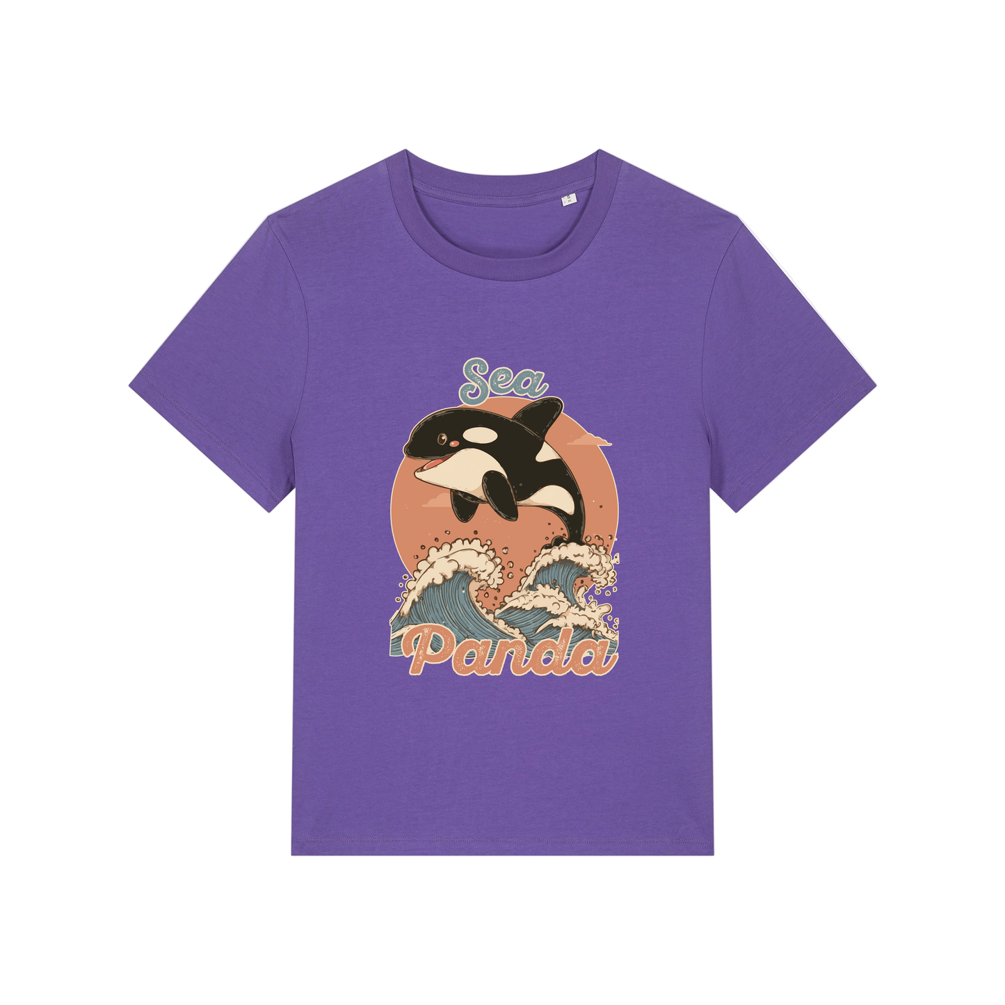 purple funny animal t-shirt with the graphic of an orca and the slogan 'sea panda'