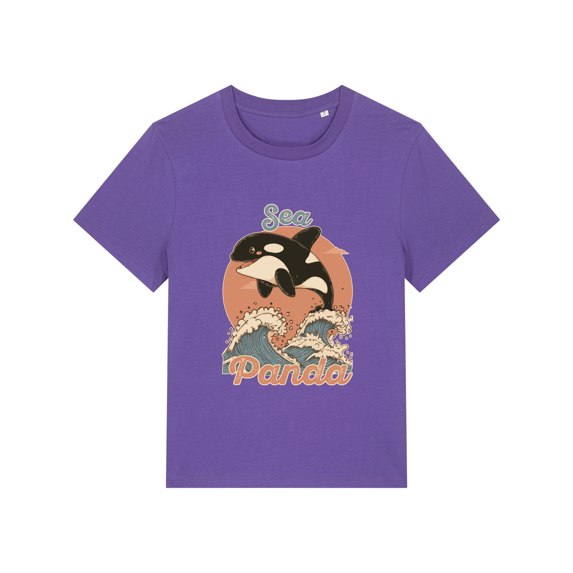 purple funny animal t-shirt with the graphic of an orca and the slogan 'sea panda'