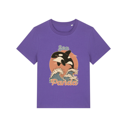purple funny animal t-shirt with the graphic of an orca and the slogan 'sea panda'