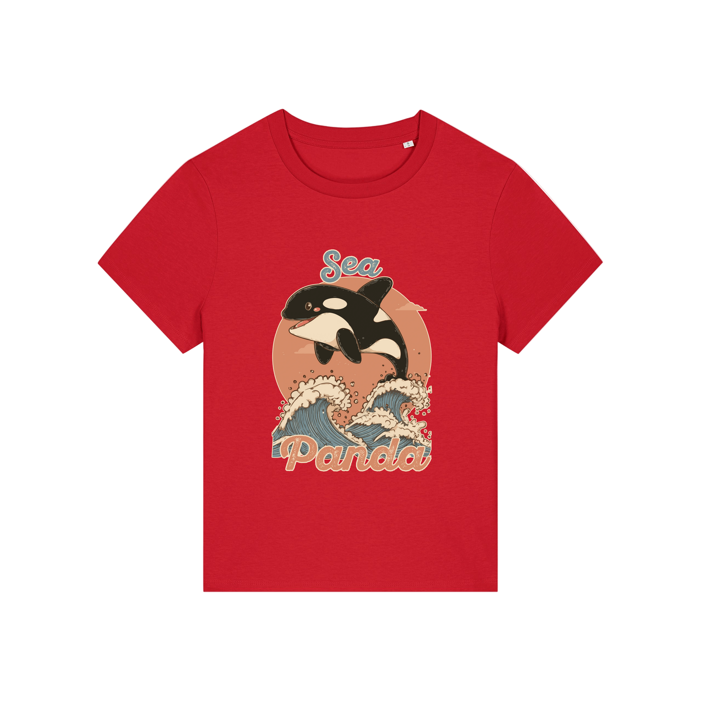 red funny animal t-shirt with the graphic of an orca and the slogan 'sea panda'