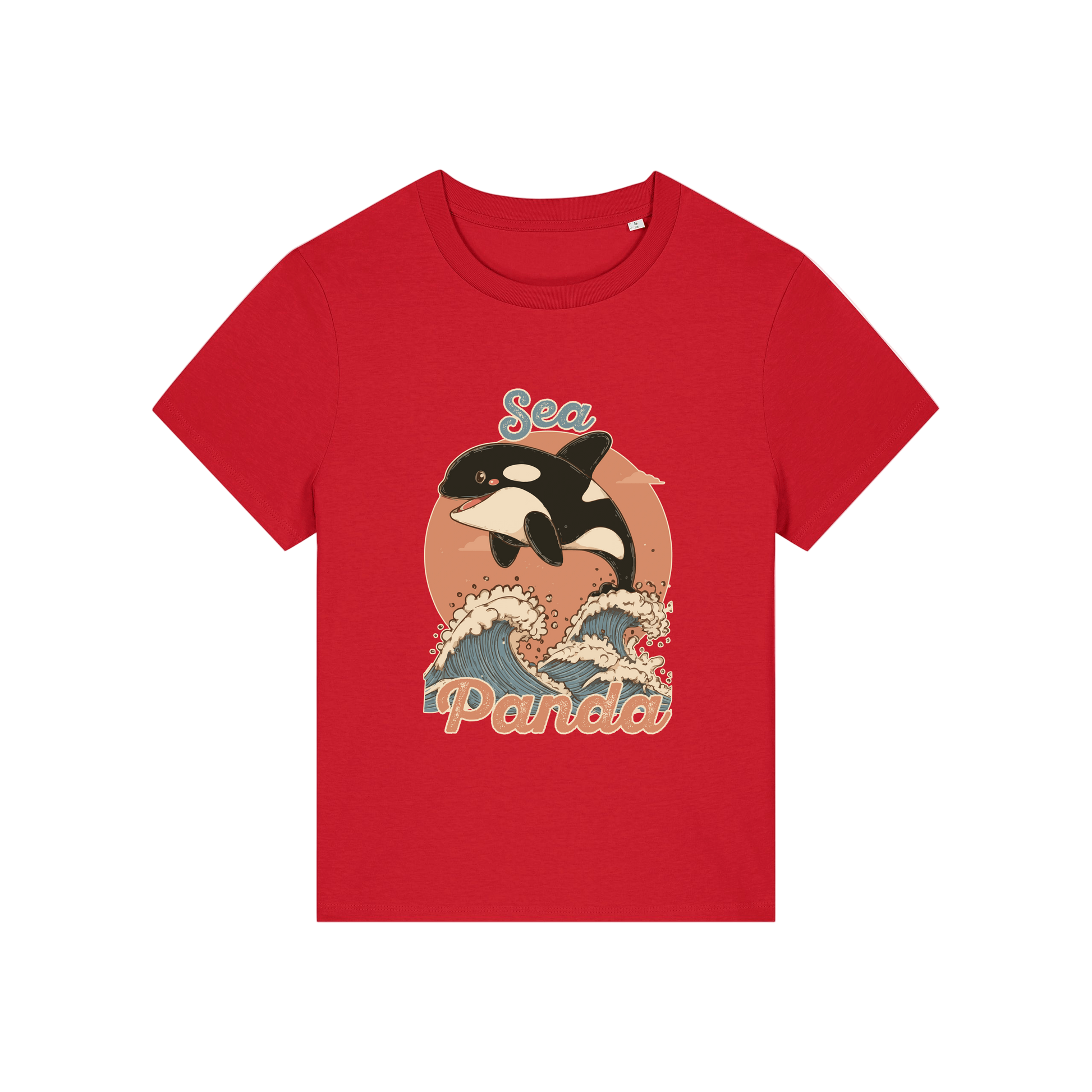 red funny animal t-shirt with the graphic of an orca and the slogan 'sea panda'