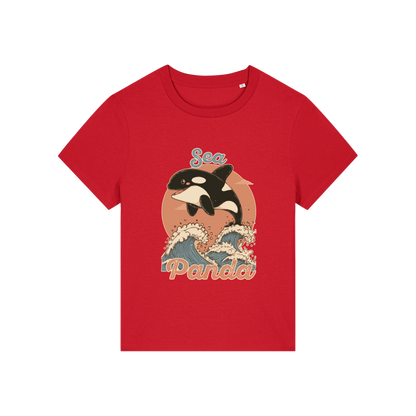 red funny animal t-shirt with the graphic of an orca and the slogan 'sea panda'