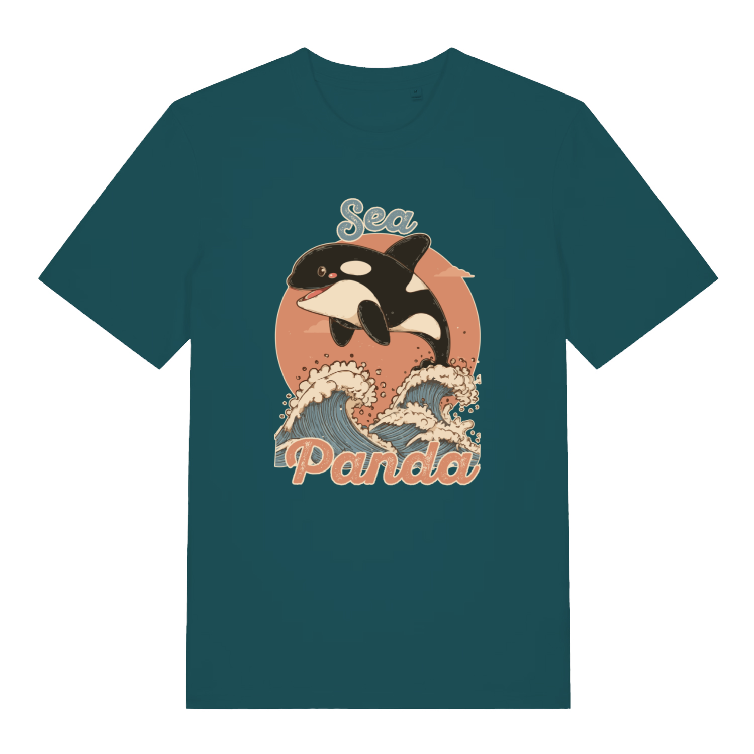teal women's funny animal t-shirt with the graphic of an orca whale and  the slogan 'sea panda'