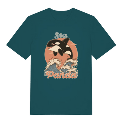 teal women's funny animal t-shirt with the graphic of an orca whale and  the slogan 'sea panda'