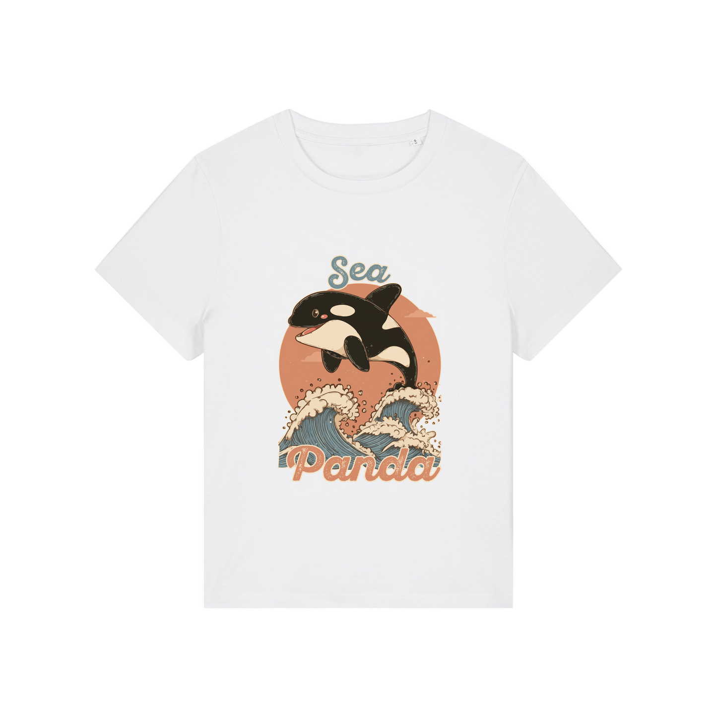 white funny animal t-shirt with the graphic of an orca and the slogan 'sea panda'