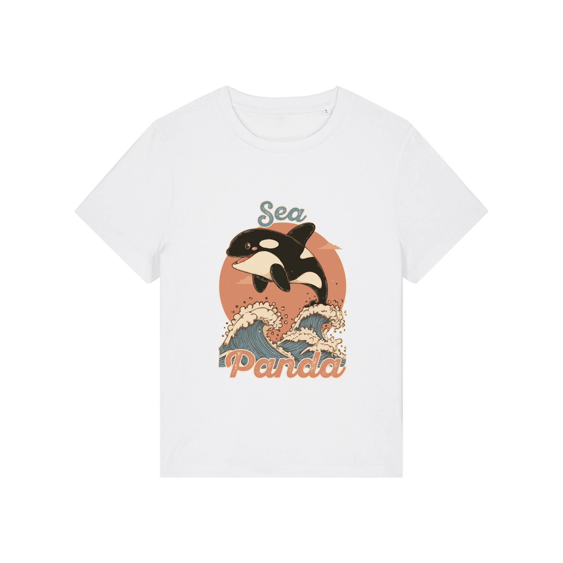 white funny animal t-shirt with the graphic of an orca and the slogan 'sea panda'