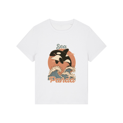 white funny animal t-shirt with the graphic of an orca and the slogan 'sea panda'