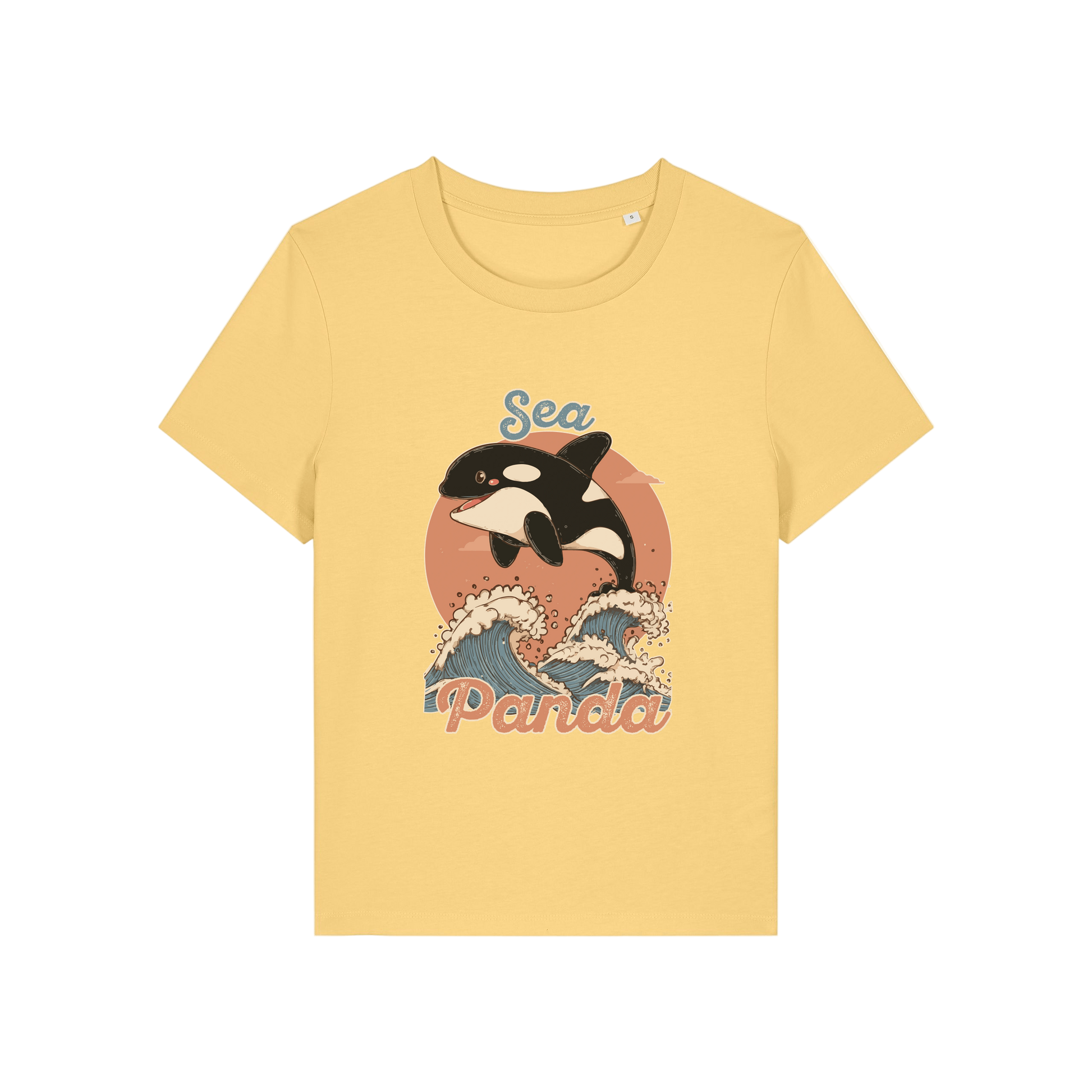 yellow funny animal t-shirt with the graphic of an orca and the slogan 'sea panda'