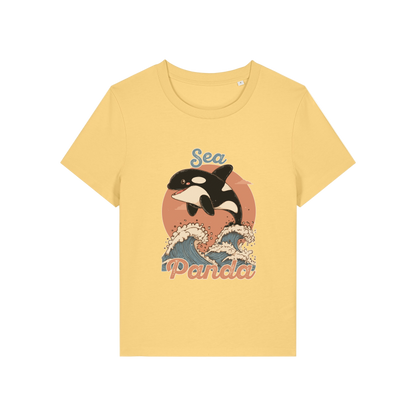 yellow funny animal t-shirt with the graphic of an orca and the slogan 'sea panda'
