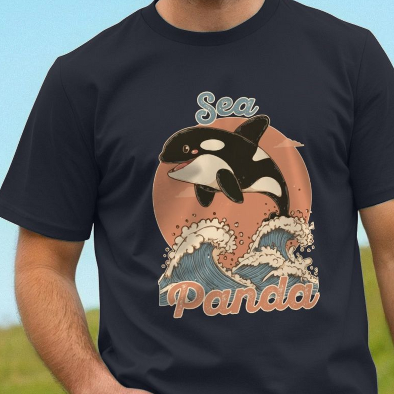 Black fun t-shirt with a retro orca whale graphic and 'Sea Panda' text on a grassy field background