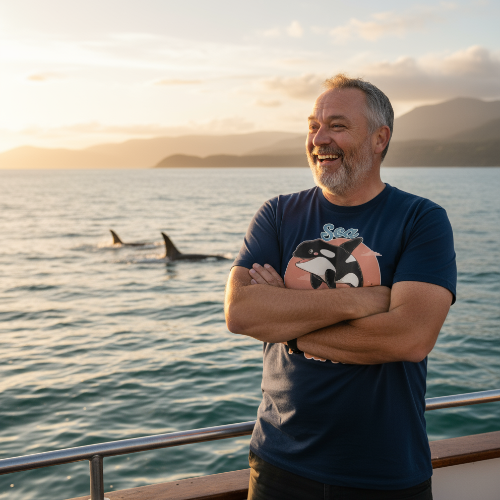Man standing on a boat with dolphins in the water and mountains in the background