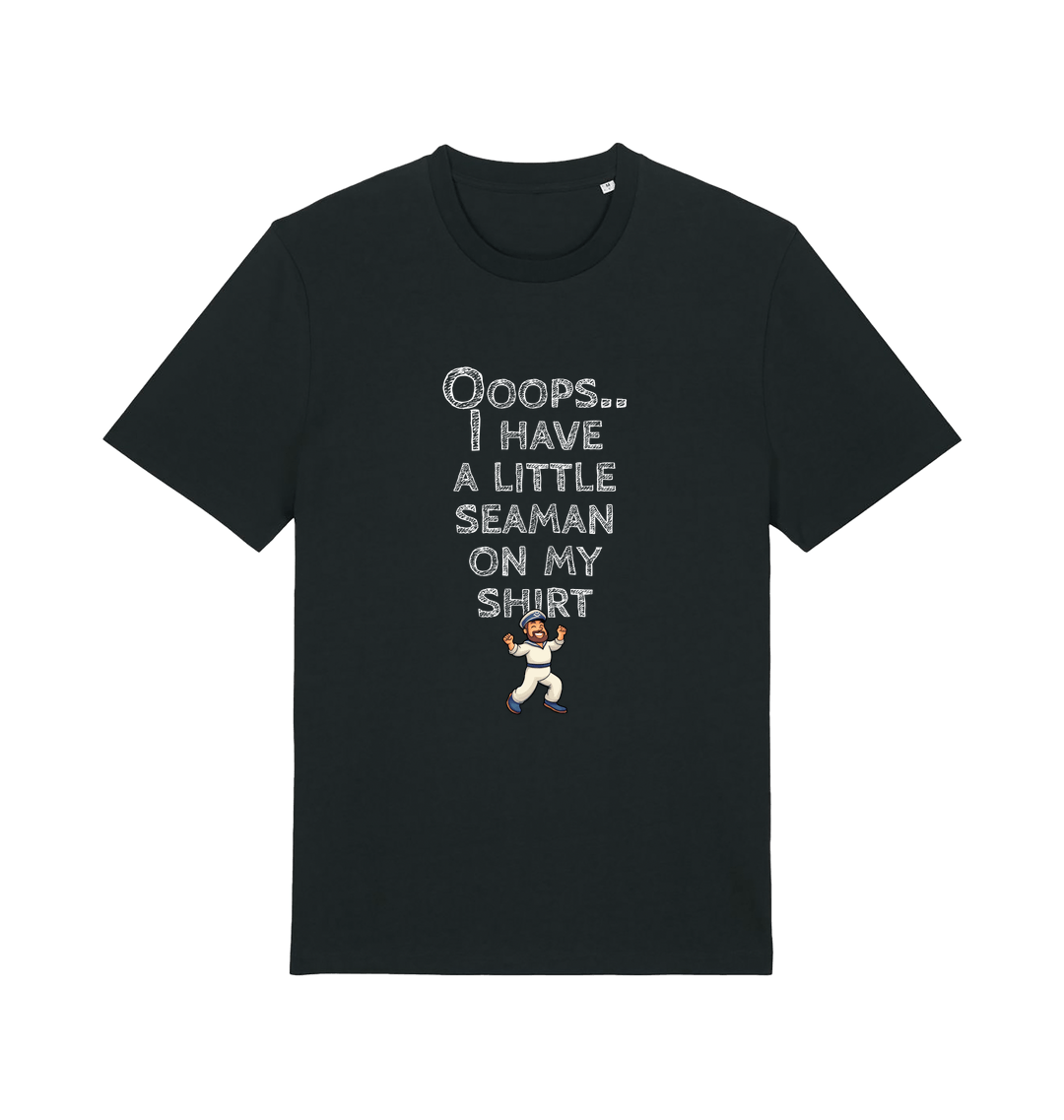 black funny offensive t-shirt with the graphic of a sailor on and the slogan 'oops i have a little seaman on my chest'