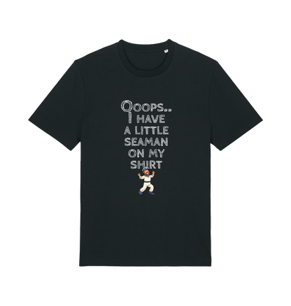 black funny offensive t-shirt with the graphic of a sailor on and the slogan 'oops i have a little seaman on my chest'