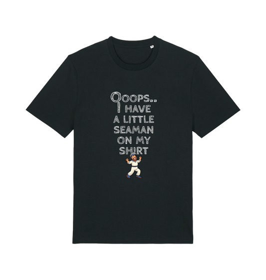 black funny offensive t-shirt with the graphic of a sailor on and the slogan 'oops i have a little seaman on my chest'
