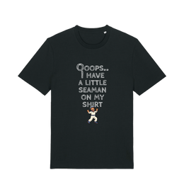 black funny offensive t-shirt with the graphic of a sailor on and the slogan 'oops i have a little seaman on my chest'