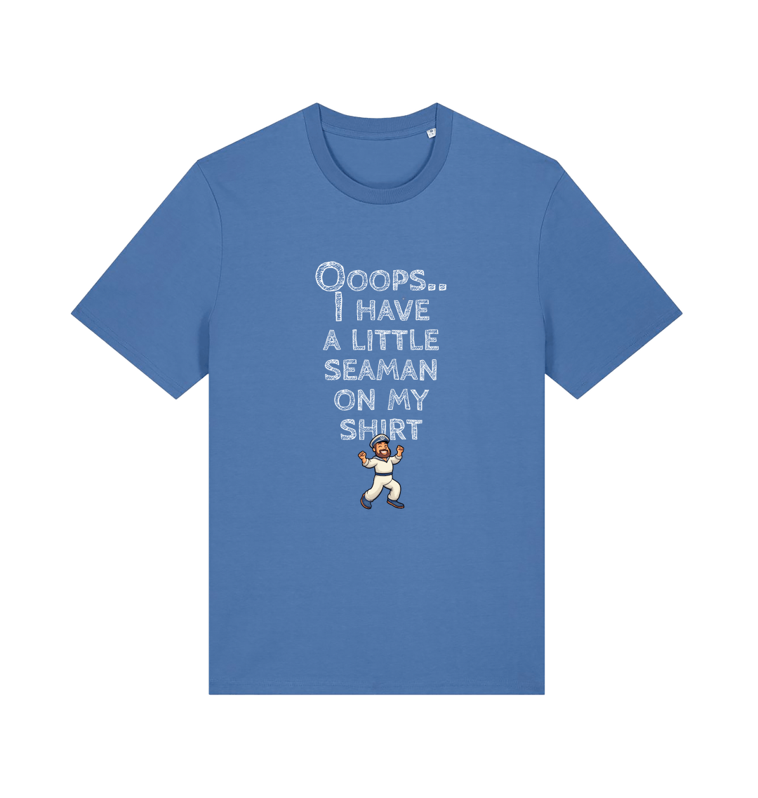 blue funny offensive t-shirt with the graphic of a sailor on and the slogan 'oops i have a little seaman on my chest'