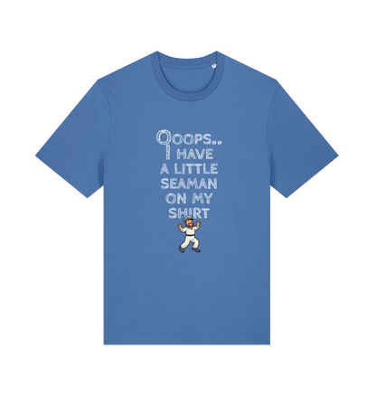 blue funny offensive t-shirt with the graphic of a sailor on and the slogan 'oops i have a little seaman on my chest'