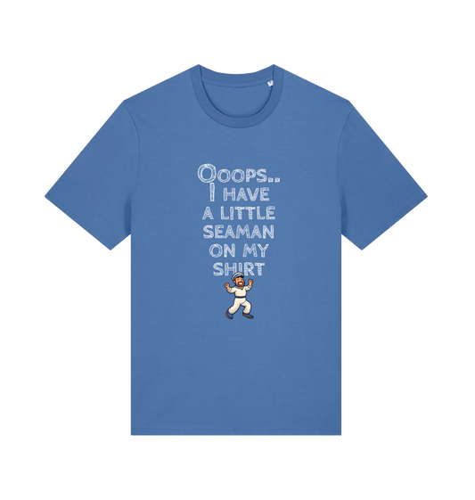 blue funny offensive t-shirt with the graphic of a sailor on and the slogan 'oops i have a little seaman on my chest'
