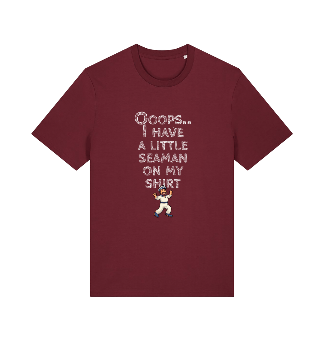 burgundy funny offensive t-shirt with the graphic of a sailor on and the slogan 'oops i have a little seaman on my chest'