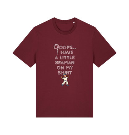 burgundy funny offensive t-shirt with the graphic of a sailor on and the slogan 'oops i have a little seaman on my chest'