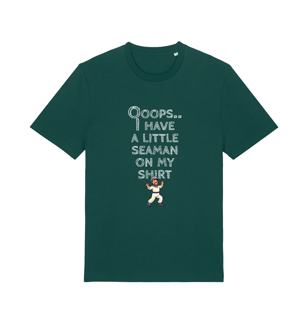 green funny offensive t-shirt with the graphic of a sailor on and the slogan 'oops i have a little seaman on my chest'