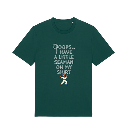 green funny offensive t-shirt with the graphic of a sailor on and the slogan 'oops i have a little seaman on my chest'