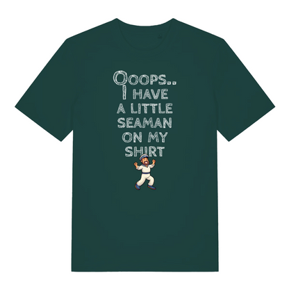 green funny offensive t-shirt with the graphic of a captain and the slogan 'oops, i have a little seaman on my shirt'