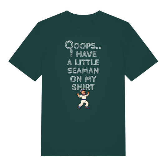 green funny offensive t-shirt with the graphic of a captain and the slogan 'oops, i have a little seaman on my shirt'