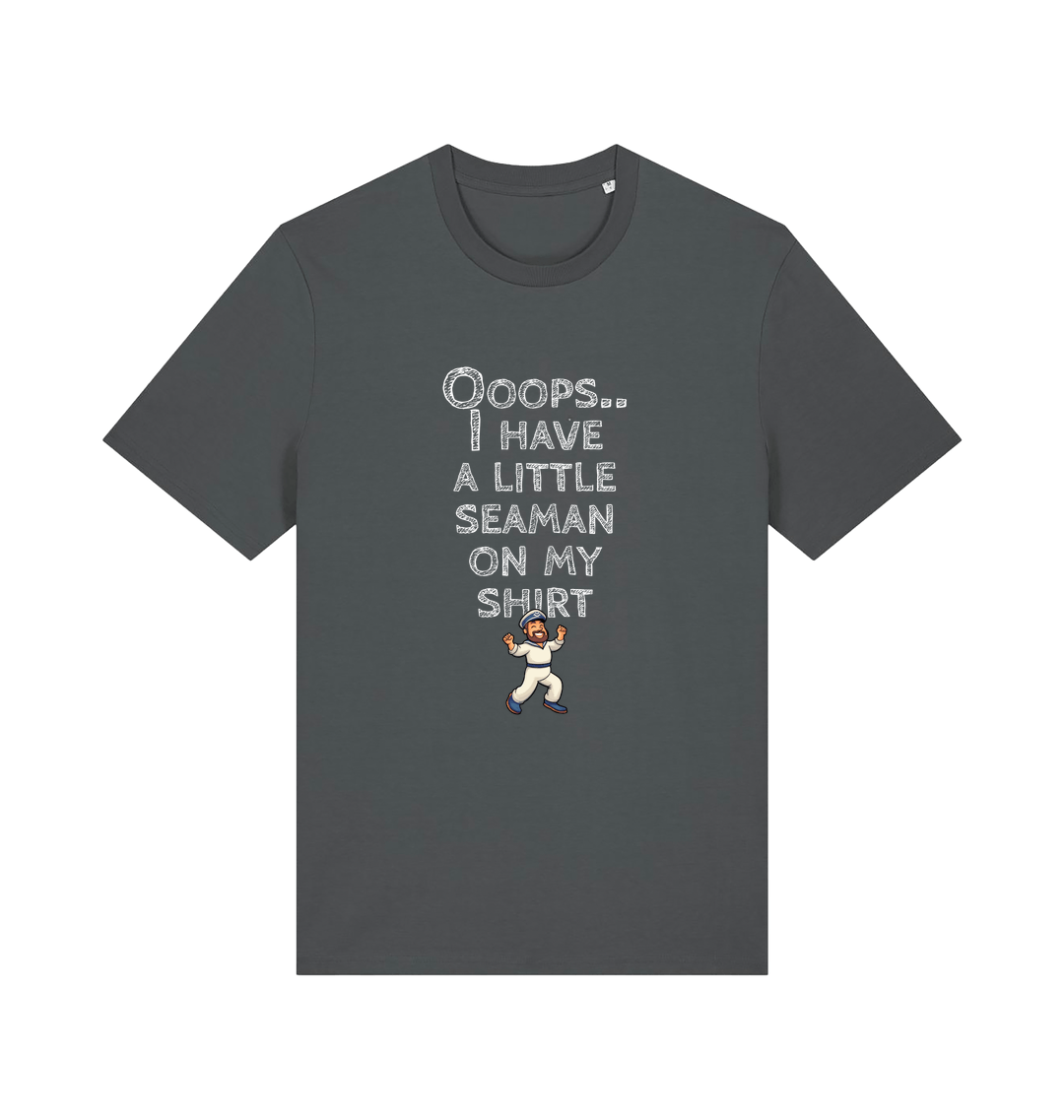 grey funny offensive t-shirt with the graphic of a sailor on and the slogan 'oops i have a little seaman on my chest'