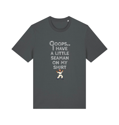 grey funny offensive t-shirt with the graphic of a sailor on and the slogan 'oops i have a little seaman on my chest'