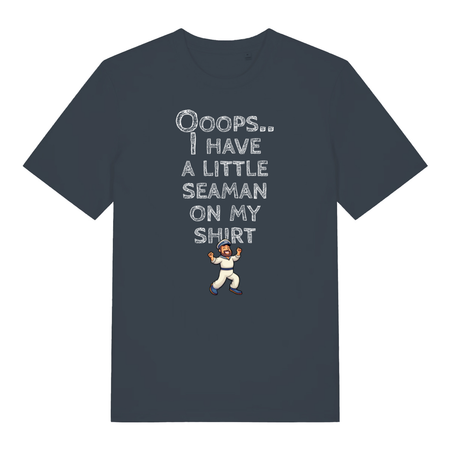 ink grey funny offensive t-shirt with the graphic of a captain and the slogan 'oops, i have a little seaman on my shirt'