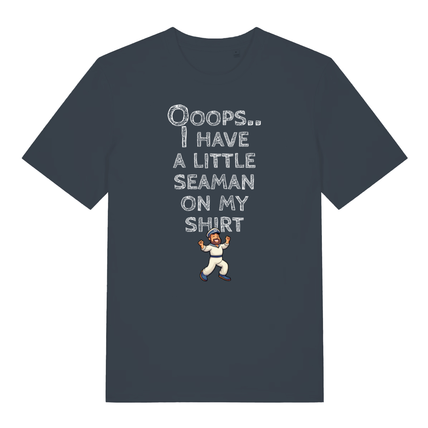 ink grey funny offensive t-shirt with the graphic of a captain and the slogan 'oops, i have a little seaman on my shirt'