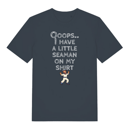 ink grey funny offensive t-shirt with the graphic of a captain and the slogan 'oops, i have a little seaman on my shirt'