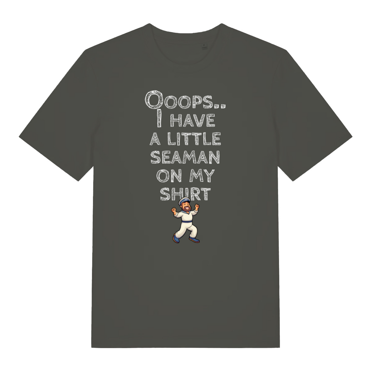 khaki funny offensive t-shirt with the graphic of a captain and the slogan 'oops, i have a little seaman on my shirt'