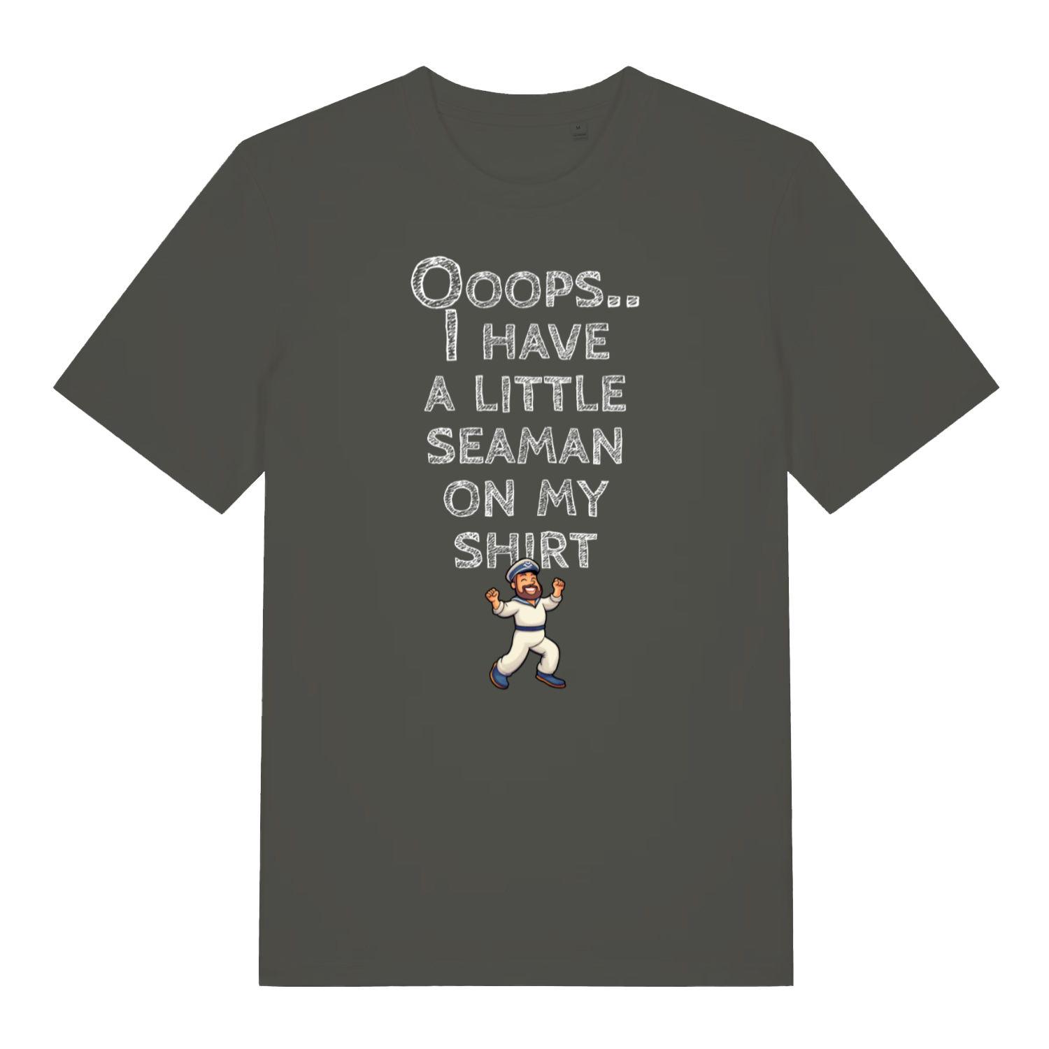 khaki funny offensive t-shirt with the graphic of a captain and the slogan 'oops, i have a little seaman on my shirt'