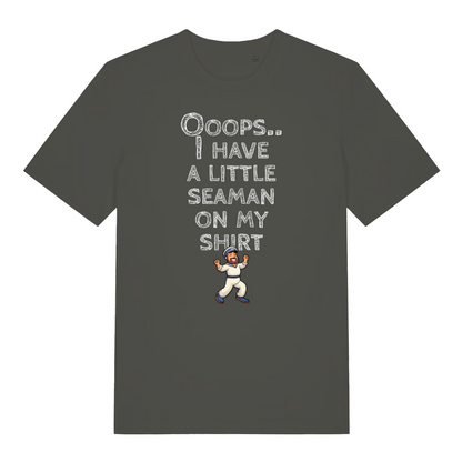 khaki funny offensive t-shirt with the graphic of a captain and the slogan 'oops, i have a little seaman on my shirt'