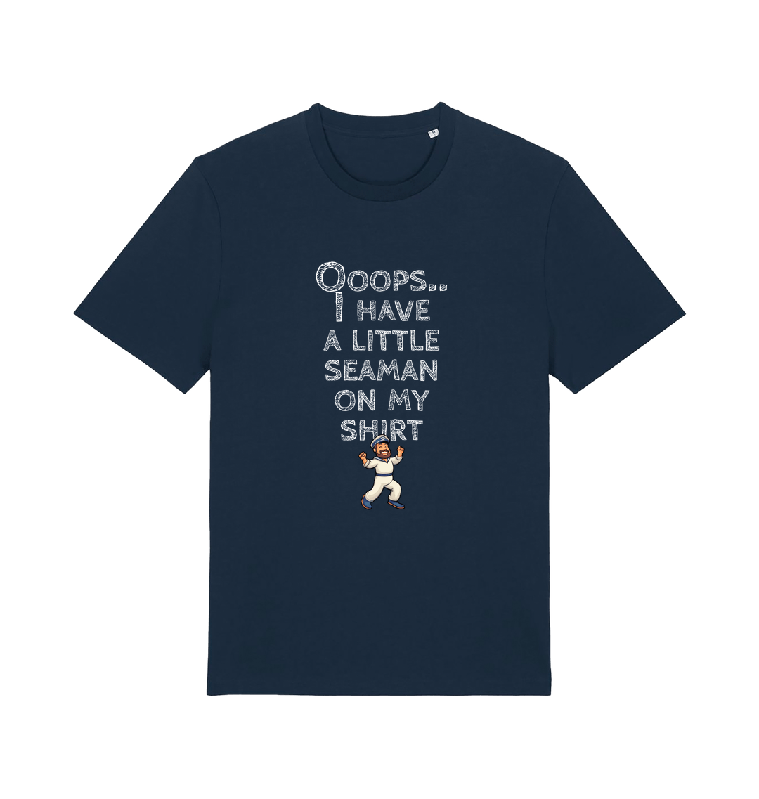 navy funny offensive t-shirt with the graphic of a sailor on and the slogan 'oops i have a little seaman on my chest'