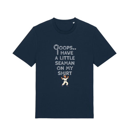 navy funny offensive t-shirt with the graphic of a sailor on and the slogan 'oops i have a little seaman on my chest'